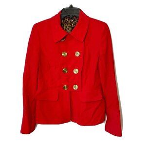 Ellen Tracy Women Double Breasted Short PeaCoat Red Sz 8 Wool Blazer Jacket Gold